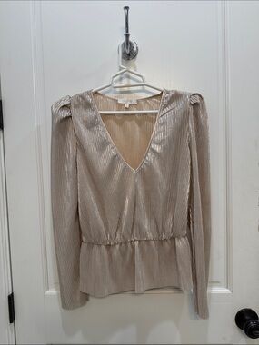 Wayf Metallic Champagne V-Neck Peplum Blouse
